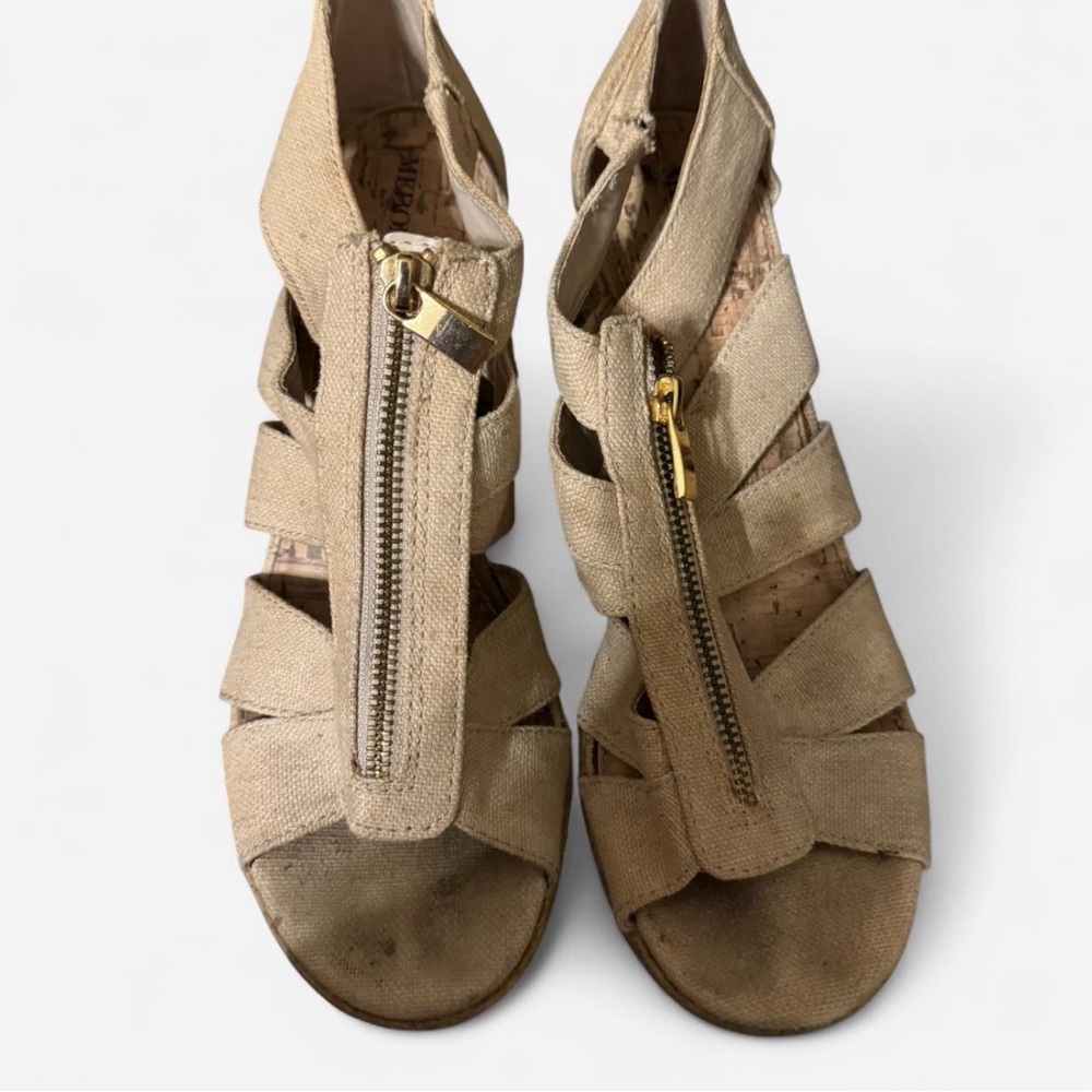 Stylish Tan Wedged Sandals with Zipper Detail